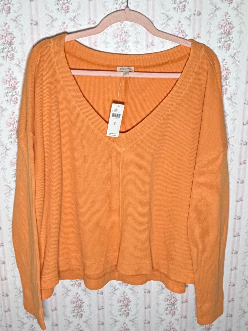 NWT Anthropologie Pilcro Waffle Knit V-Neck Top Peach Orange M Fall Oversized